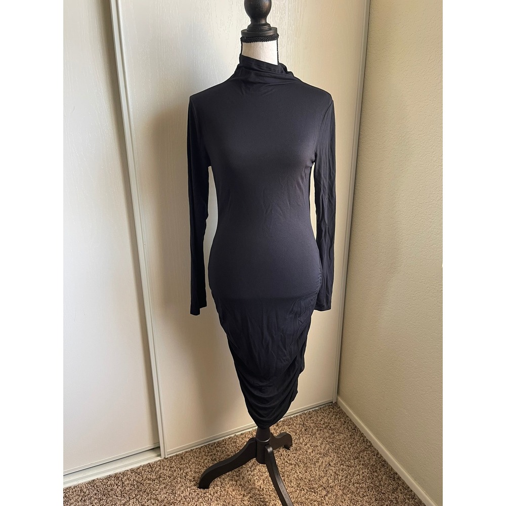 Venus Womens Size S Black Ruched Mock Neck Long Sleeve Bodycon Midi Dress